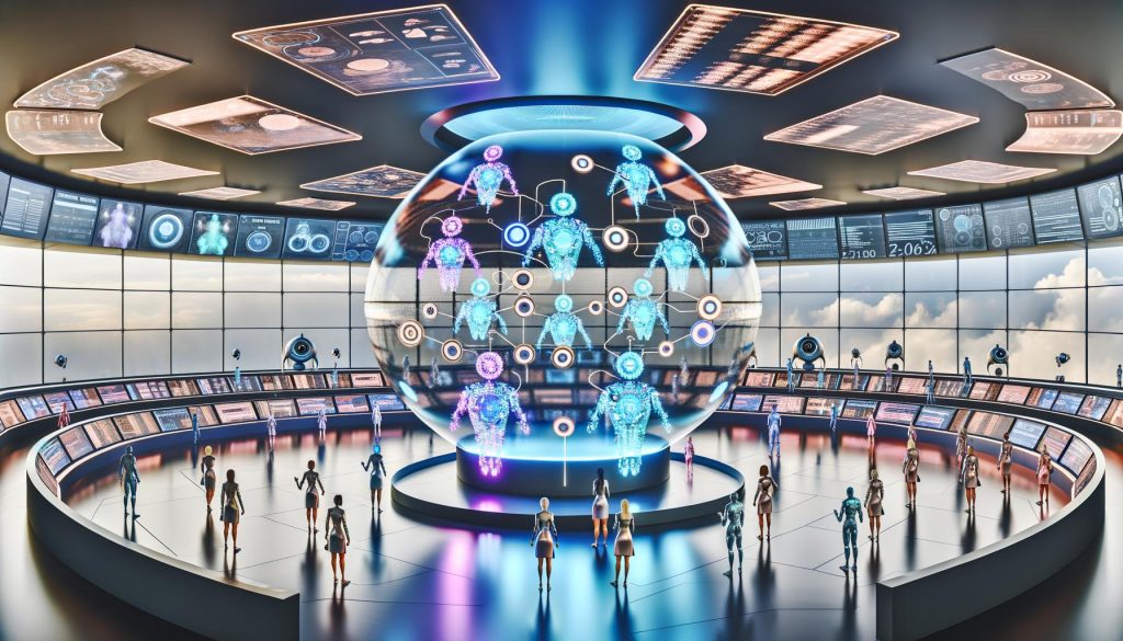 Futuristisches Marketingzentrum mit digitalen Anzeigen, holografischen Schnittstellen, autonomen KI-Agenten und staunenden menschlichen Mitarbeitern im Hightech-Umfeld.