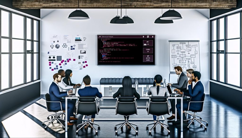 Geschäftsleute in modernem Konferenzraum am Glastisch, betrachten technisches Dashboard mit Entwickler-Tools auf großem Bildschirm, Whiteboard mit API-Diagrammen im Hintergrund.