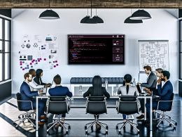 Geschäftsleute in modernem Konferenzraum am Glastisch, betrachten technisches Dashboard mit Entwickler-Tools auf großem Bildschirm, Whiteboard mit API-Diagrammen im Hintergrund.