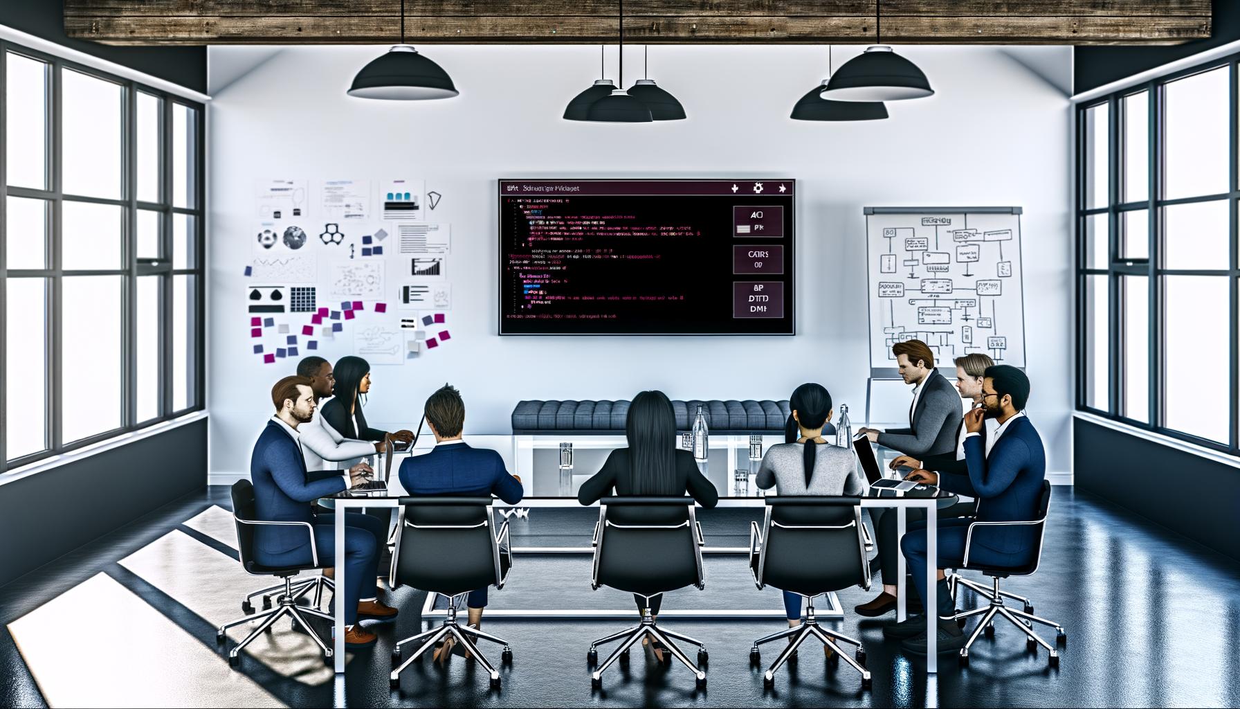 Geschäftsleute in modernem Konferenzraum am Glastisch, betrachten technisches Dashboard mit Entwickler-Tools auf großem Bildschirm, Whiteboard mit API-Diagrammen im Hintergrund.