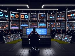 Konzentrierte Person in einem modernen, düsteren Marketing-Control-Center vor riesigem Dashboard mit komplexen Datenvisualisierungen und leuchtenden technischen Elementen.