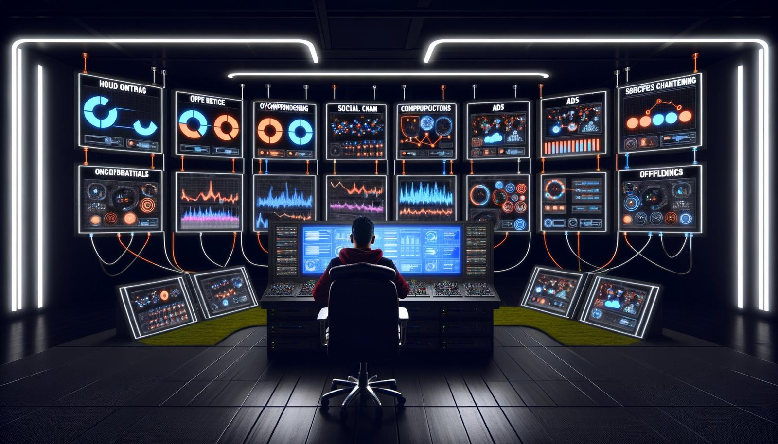 Konzentrierte Person in einem modernen, düsteren Marketing-Control-Center vor riesigem Dashboard mit komplexen Datenvisualisierungen und leuchtenden technischen Elementen.
