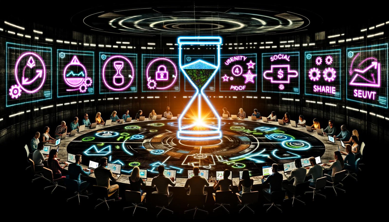 Dramatische Illustration eines digitalen Maschinenraums mit Marketing- und UX-Experten, Daten-Dashboards, Conversion-Funnels, Heatmaps und leuchtenden Symbolen für Dringlichkeit, Autorität, Social Proof und Sicherheit.