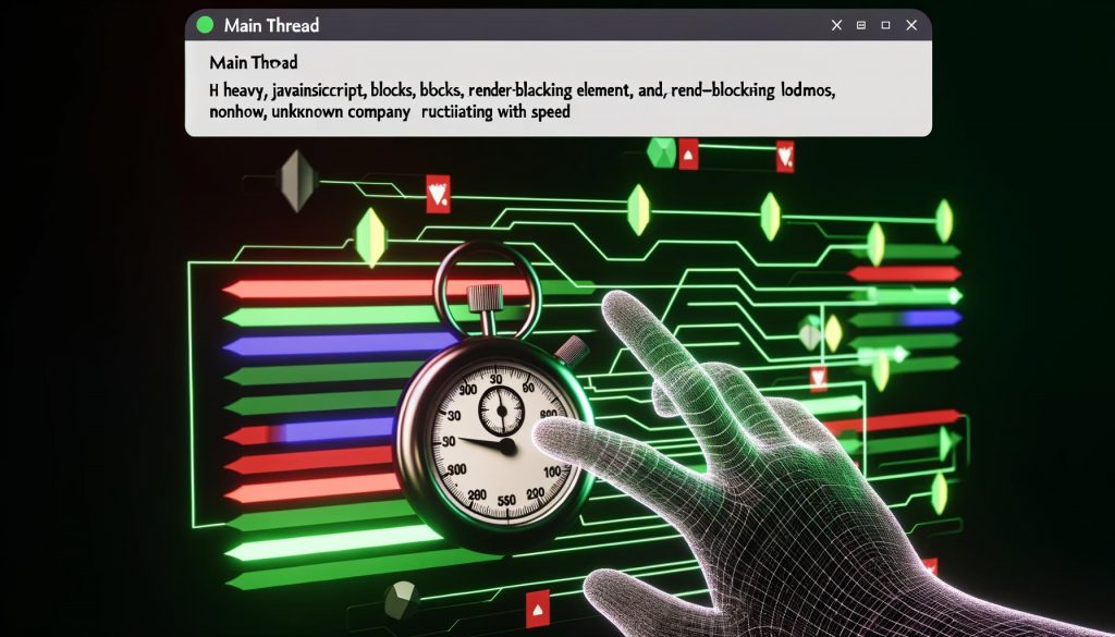 Technische Illustration eines Desktop- und Mobile-Browsers mit digitaler Stoppuhr, Performance-Indikatoren, JavaScript-Blöcken sowie Main-Thread-Schaltkreis und Google-Ranking-Kurve im Cyberpunk-Stil.