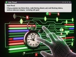 Technische Illustration eines Desktop- und Mobile-Browsers mit digitaler Stoppuhr, Performance-Indikatoren, JavaScript-Blöcken sowie Main-Thread-Schaltkreis und Google-Ranking-Kurve im Cyberpunk-Stil.