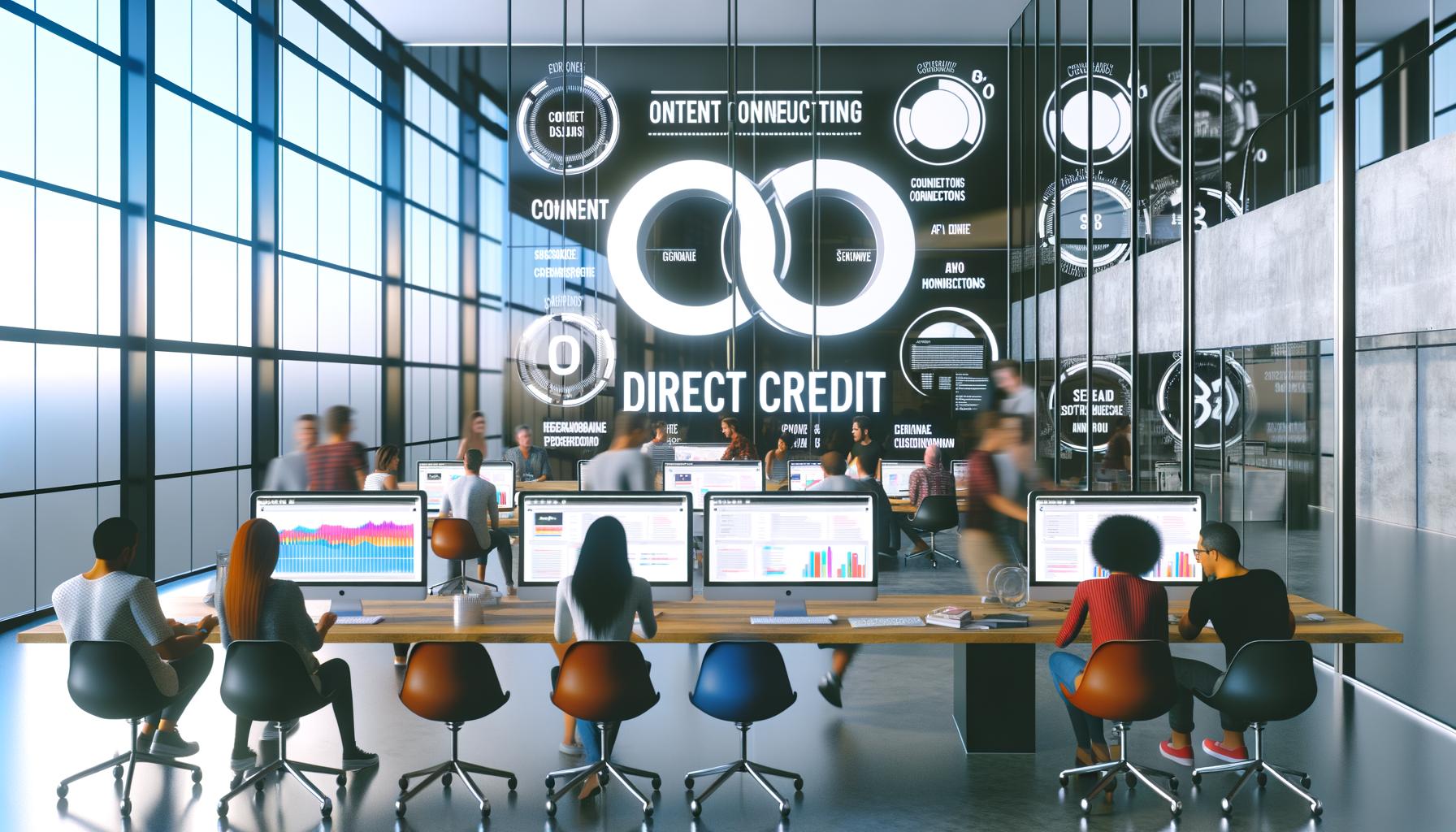 Modernes Büro mit Redakteuren, Developern und Marketern, die an großen Monitoren zusammenarbeiten. Inhalte, Statistiken und 404 Magazine Logo im Hintergrund.