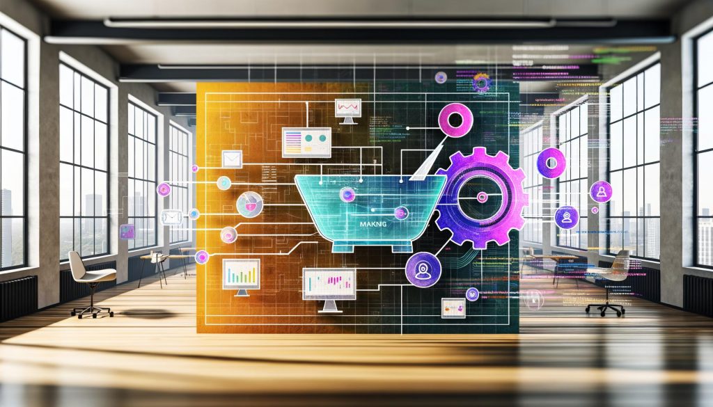 Illustration einer modernen Marketing-Abteilung mit großem digitalen Dashboard, diversen KI-Agenten und klassischen Marketingtools in einem urbanen Loftbüro. Im Hintergrund Diagramme und Code-Elemente für Effizienz und Innovation.