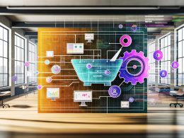 Illustration einer modernen Marketing-Abteilung mit großem digitalen Dashboard, diversen KI-Agenten und klassischen Marketingtools in einem urbanen Loftbüro. Im Hintergrund Diagramme und Code-Elemente für Effizienz und Innovation.