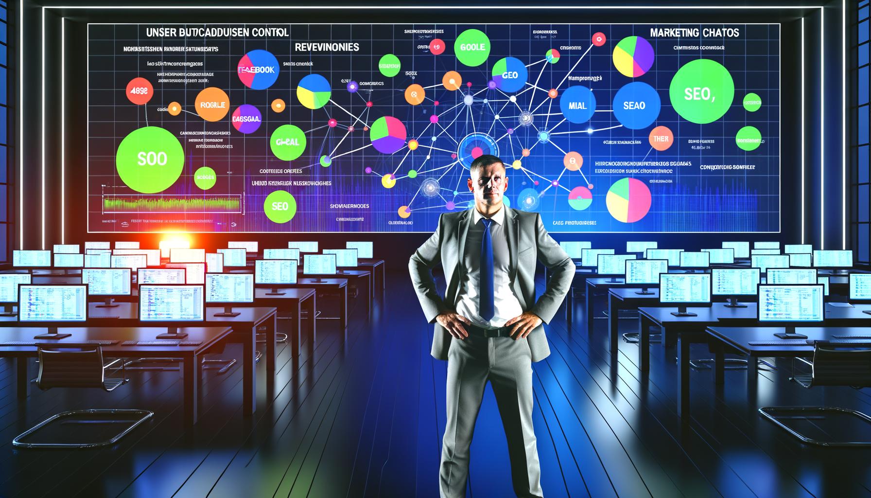 Entschlossener Marketer in modernem Büro vor digitalen Marketing-Dashboards und Netzwerk aus Nutzer-Touchpoints, technologische Arbeitsumgebung