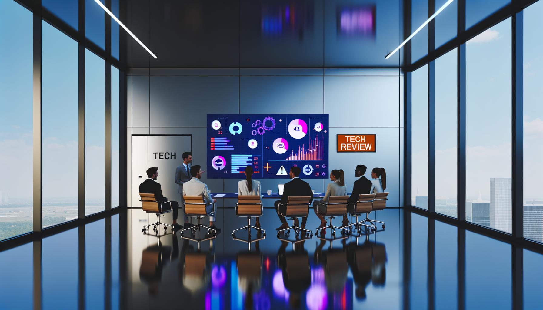 Modernes Agenturbüro mit Marketing-Profis, die vor einem großen Touchscreen mit bunten Charts präsentieren, während im Hintergrund eine ignorierte Tür zum Tech Review mit Warnsymbolen versehen ist.