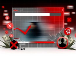 Illustration einer langsam ladenden Website mit genervtem Nutzer, durchgestrichenem Warenkorb, roten Abstrafungszeichen und abfallendem Google-Ranking-Chart auf schwarz-rotem Hintergrund.