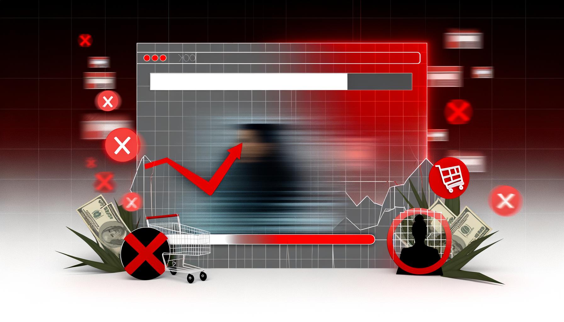 Illustration einer langsam ladenden Website mit genervtem Nutzer, durchgestrichenem Warenkorb, roten Abstrafungszeichen und abfallendem Google-Ranking-Chart auf schwarz-rotem Hintergrund.