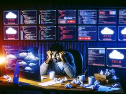 Gestresster Entwickler an einem modernen Arbeitsplatz vor Bildschirmen mit AWS Lambda-Code, Cloud-Diagrammen und Warnmeldungen, mit leeren Kaffeebechern und Checklisten auf dem Schreibtisch.