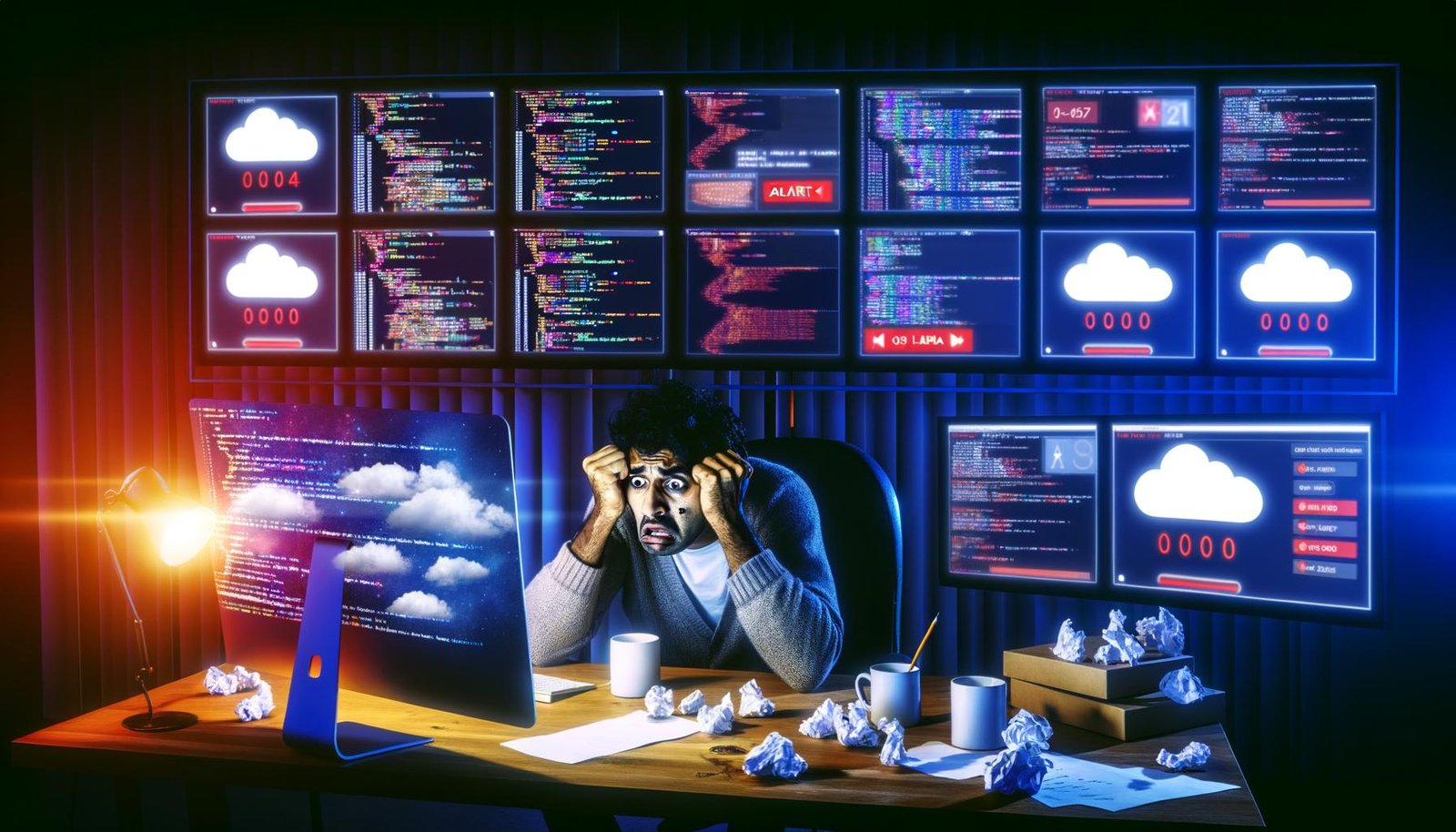 Gestresster Entwickler an einem modernen Arbeitsplatz vor Bildschirmen mit AWS Lambda-Code, Cloud-Diagrammen und Warnmeldungen, mit leeren Kaffeebechern und Checklisten auf dem Schreibtisch.