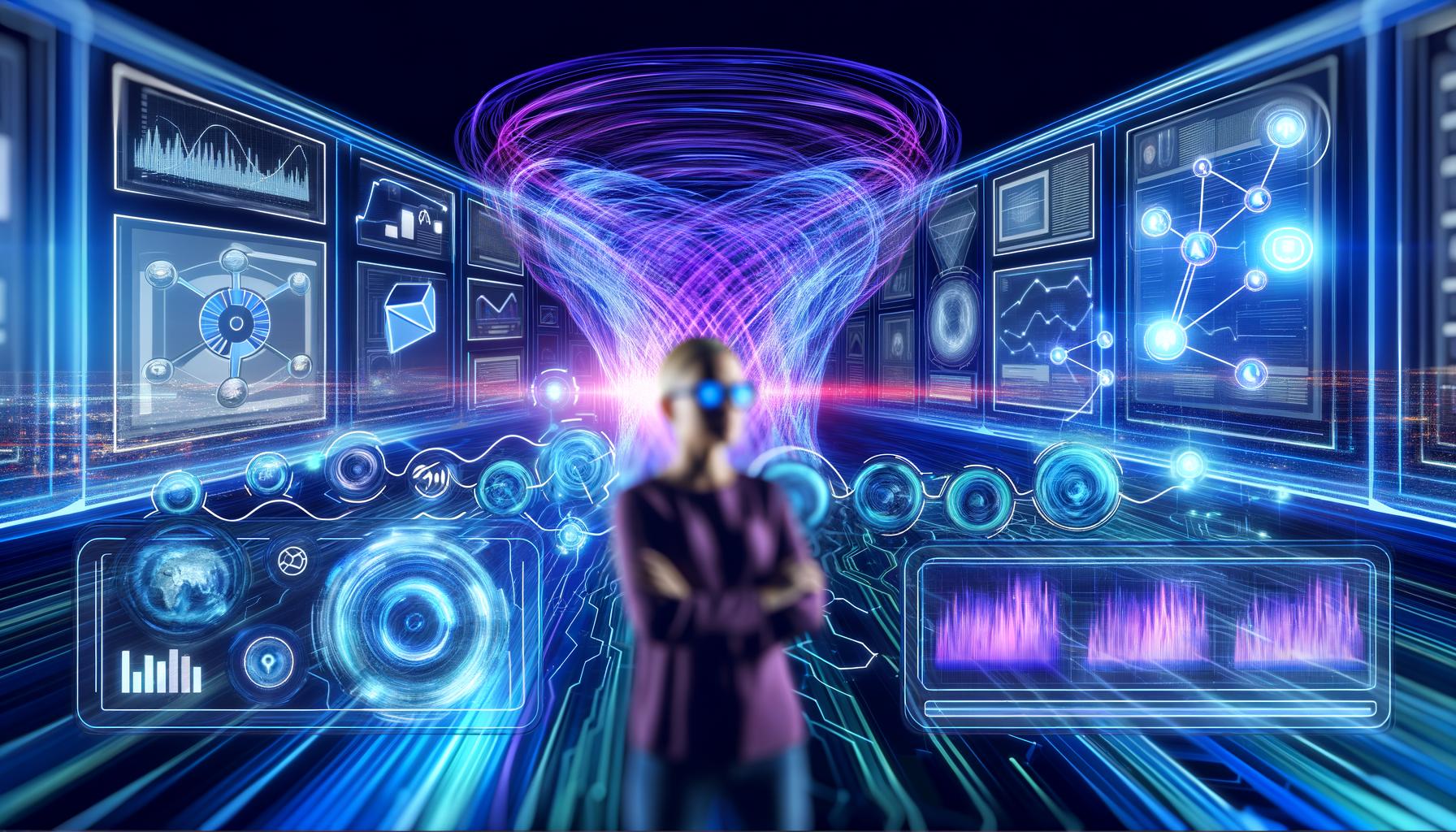 Futuristisches digitales Marketing-Command-Center mit Marketer, holografischen Datenströmen, KI-Netzwerk und modernen Visualisierungen in Blau-Violett.