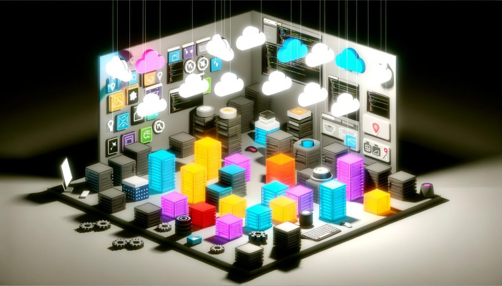 Isometrische Darstellung eines modernen Entwicklerarbeitsplatzes mit Diagrammen zur Headless CMS-Architektur und verblassenden monolithischen CMS-Systemen im Hintergrund.