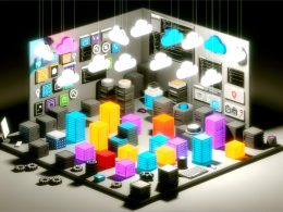 Isometrische Darstellung eines modernen Entwicklerarbeitsplatzes mit Diagrammen zur Headless CMS-Architektur und verblassenden monolithischen CMS-Systemen im Hintergrund.
