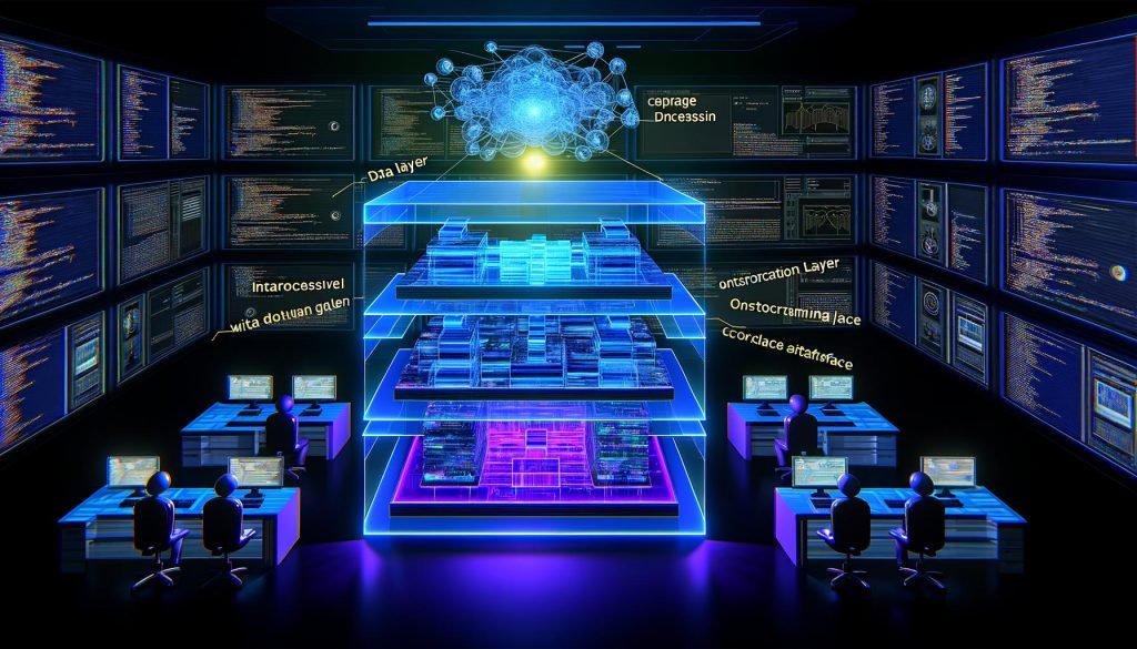 Visualisierung eines dunklen, futuristischen Kontrollraums mit einem schwebenden, mehrschichtigen 3D-Modell einer KI-Agentur-Architektur, leuchtende Ebenen und Entwickler vor Monitoren im Neon-Licht
