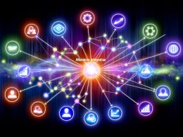 Illustration eines zentralen Datenhubs, der bunte, miteinander verflochtene Symbole von Social Media, E-Mail, Suchanzeigen, Display-Werbung, CRM und Affiliate Marketing integriert und als klare, leuchtende Analysen darstellt.