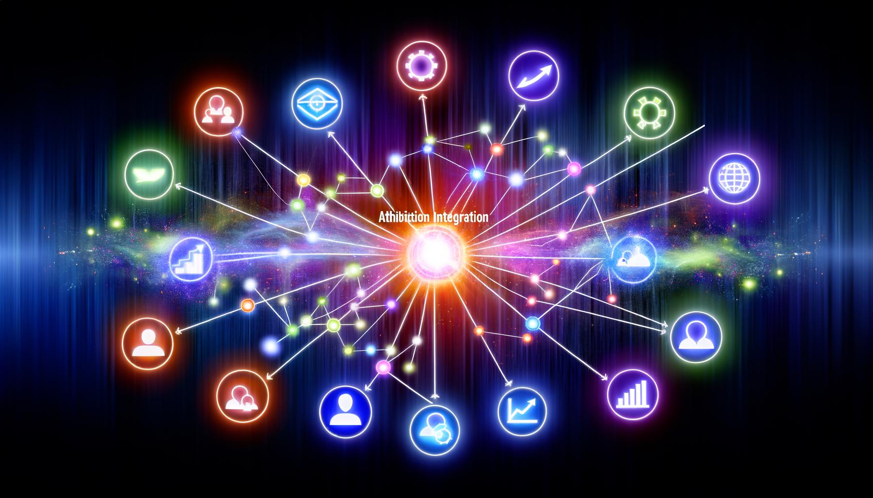 Illustration eines zentralen Datenhubs, der bunte, miteinander verflochtene Symbole von Social Media, E-Mail, Suchanzeigen, Display-Werbung, CRM und Affiliate Marketing integriert und als klare, leuchtende Analysen darstellt.