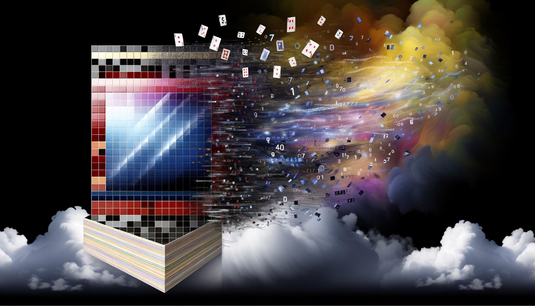 Illustration einer modernen, bunten Website auf einem wackeligen Kartenhaus mit stürmischem Himmel und schwebendem Code im Hintergrund – Symbol für Risiken ohne Tech-Wissen.