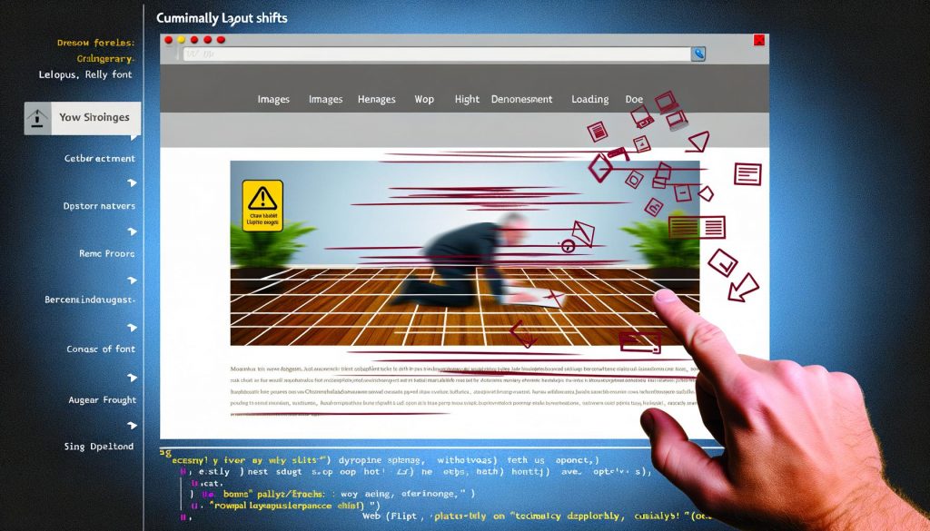 Moderne Website mit heftigen Layout-Verschiebungen: Elemente springen beim Laden, technische Codes und Warnsymbole im Hintergrund, Nutzer verfehlt frustriert einen Button.