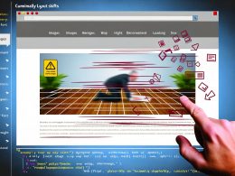 Moderne Website mit heftigen Layout-Verschiebungen: Elemente springen beim Laden, technische Codes und Warnsymbole im Hintergrund, Nutzer verfehlt frustriert einen Button.