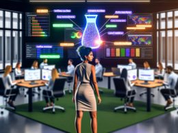 Marketer vor Monitoren mit Analytics-Dashboards und KI-Heatmaps im Open-Space-Büro mit weiteren Strategieteams