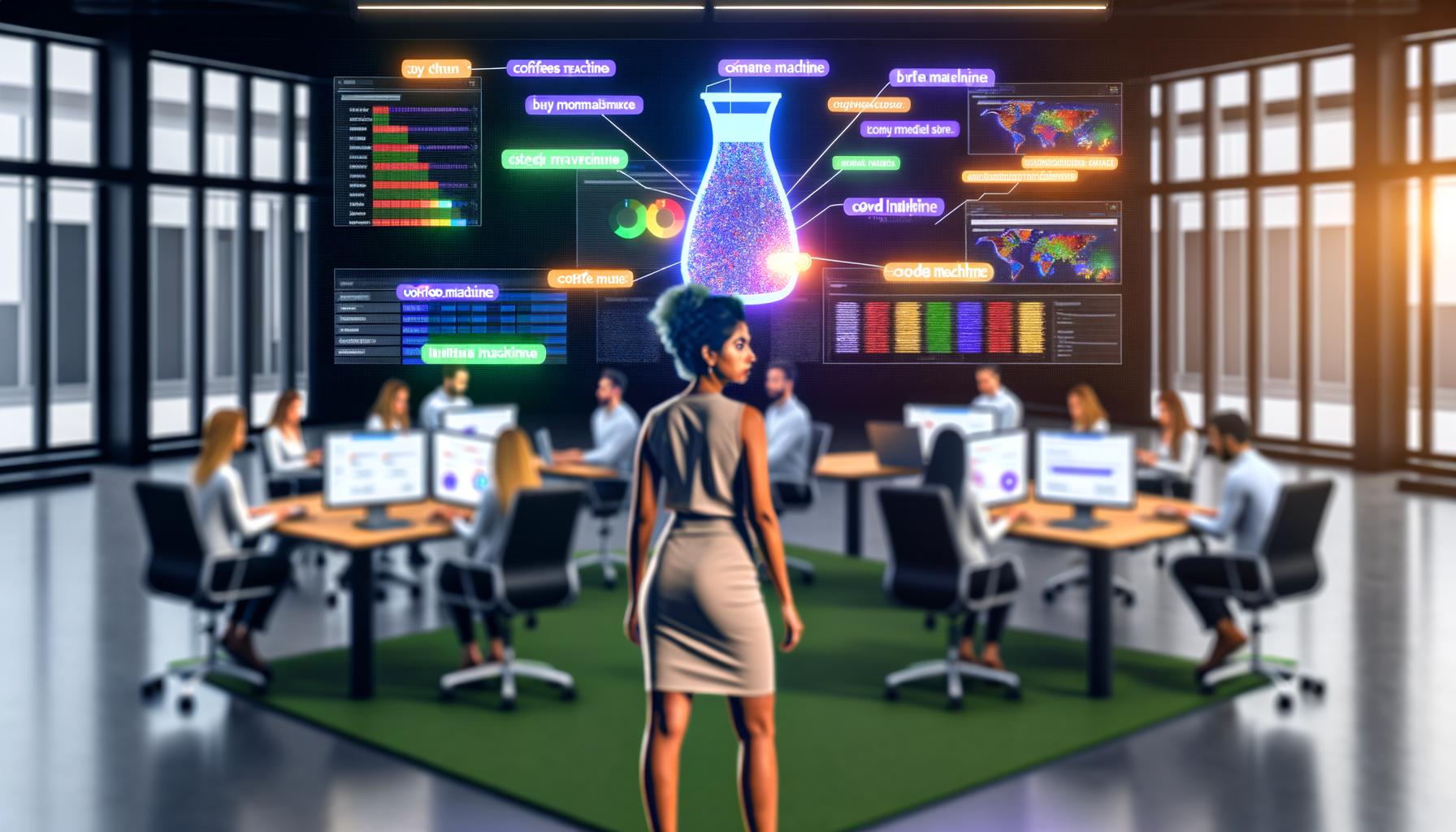 Marketer vor Monitoren mit Analytics-Dashboards und KI-Heatmaps im Open-Space-Büro mit weiteren Strategieteams