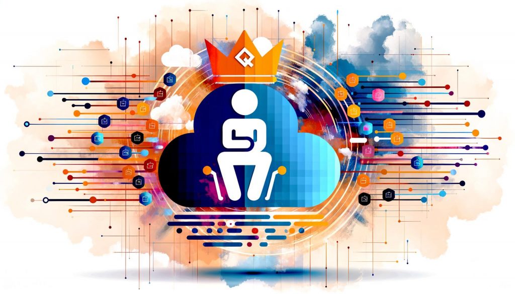 AWS Lambda-Symbol mit Krone thront auf digitalem Thron, umgeben von Cloud-Elementen, Triggern wie S3, DynamoDB und API Gateway in moderner, bunter Technik-Illustration.