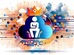 AWS Lambda-Symbol mit Krone thront auf digitalem Thron, umgeben von Cloud-Elementen, Triggern wie S3, DynamoDB und API Gateway in moderner, bunter Technik-Illustration.