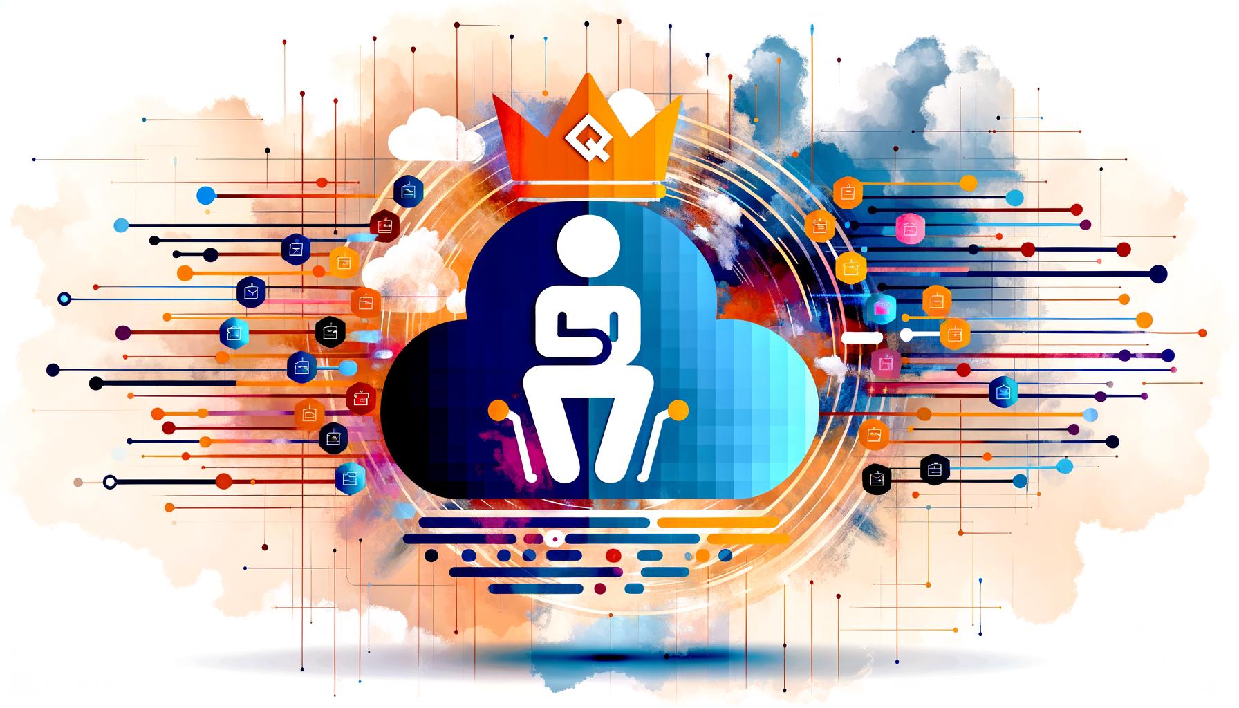 AWS Lambda-Symbol mit Krone thront auf digitalem Thron, umgeben von Cloud-Elementen, Triggern wie S3, DynamoDB und API Gateway in moderner, bunter Technik-Illustration.