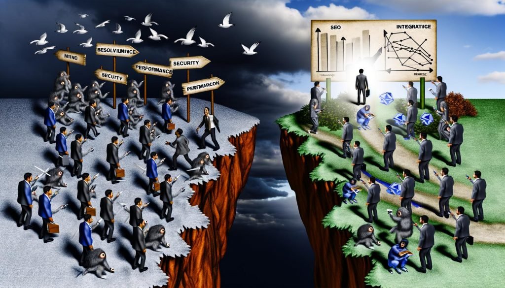 Metaphorisches digitales Schlachtfeld mit geschäftlichen Lemmingen auf dem Weg zur Klippe „SEO-Nirwana“ und einem Unternehmer mit CMS-Strategie unter Symbolen für SEO, Sicherheit, Leistung und Integration.