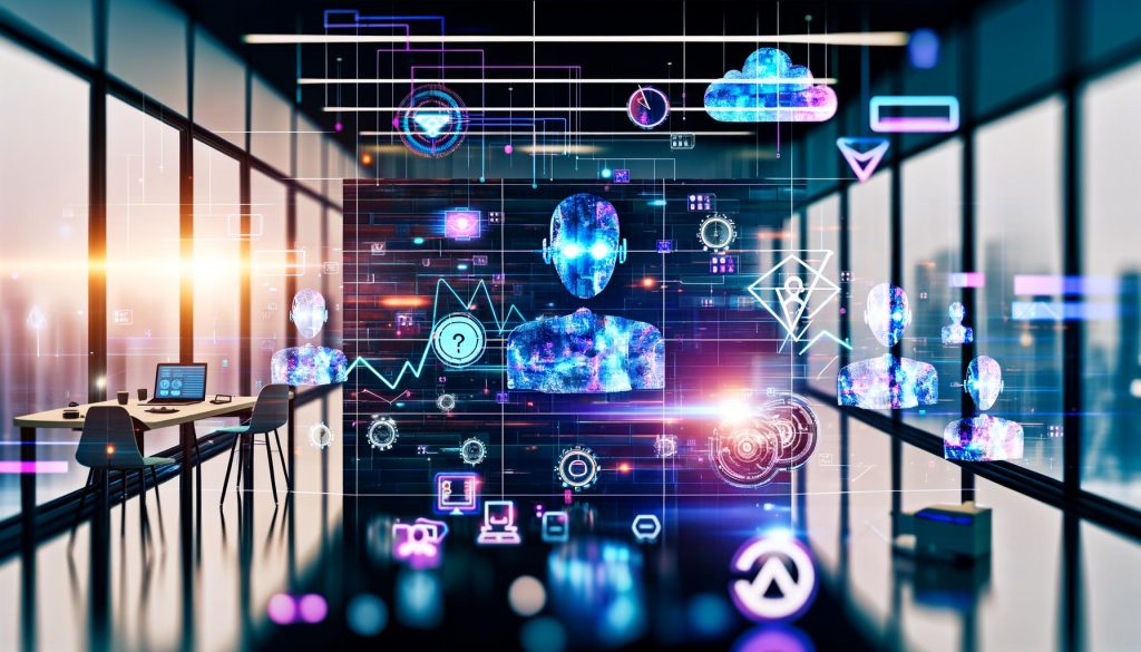 Futuristische Büroszene mit schwebenden KI-Agenten, die von leuchtenden Hologrammen und digitalen Dashboards umgeben sind, integriert mit klassischen und modernen Marketing-Tools.