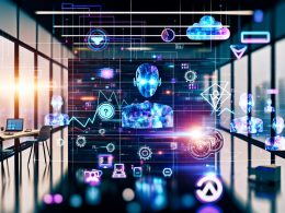 Futuristische Büroszene mit schwebenden KI-Agenten, die von leuchtenden Hologrammen und digitalen Dashboards umgeben sind, integriert mit klassischen und modernen Marketing-Tools.