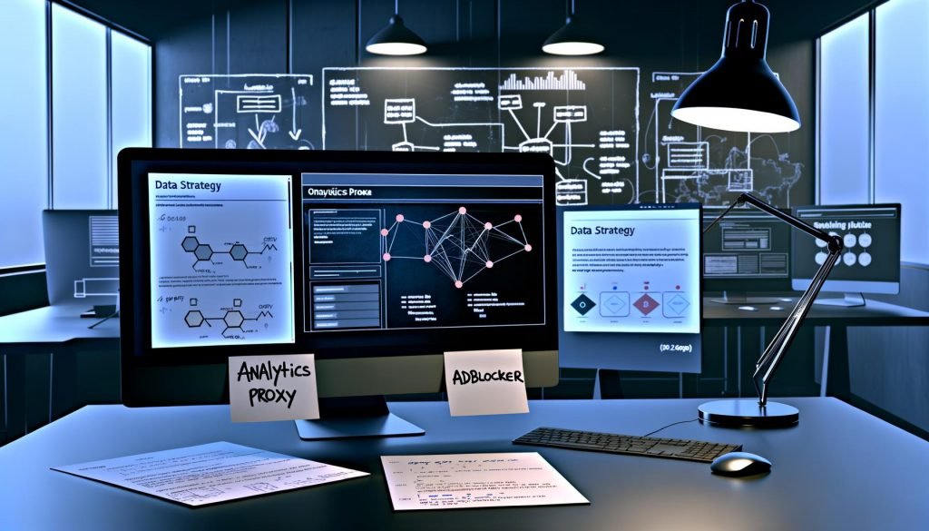 Moderner Büroarbeitsplatz mit mehreren Bildschirmen voller Analyse-Dashboards, Proxy-Setups, DSGVO-Hinweisen und handschriftlichen Notizen zu Datenstrategie.