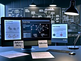Moderner Büroarbeitsplatz mit mehreren Bildschirmen voller Analyse-Dashboards, Proxy-Setups, DSGVO-Hinweisen und handschriftlichen Notizen zu Datenstrategie.