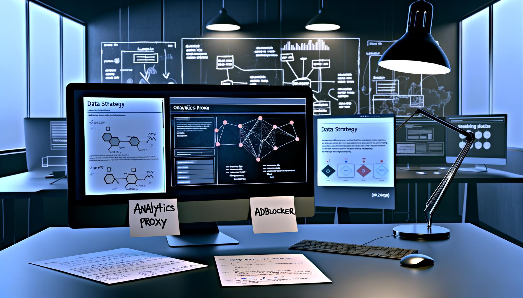 Moderner Büroarbeitsplatz mit mehreren Bildschirmen voller Analyse-Dashboards, Proxy-Setups, DSGVO-Hinweisen und handschriftlichen Notizen zu Datenstrategie.