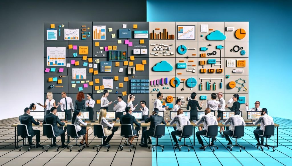 Vergleich zwischen traditionellem Agenturteam mit Papier und PowerPoint gegen technikorientiertes Team mit digitalen Dashboards, Entwickler:innen und Echtzeitdaten in einem modernen Büro.