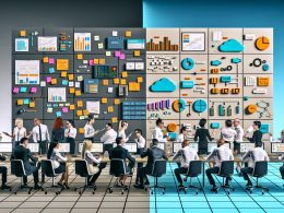 Vergleich zwischen traditionellem Agenturteam mit Papier und PowerPoint gegen technikorientiertes Team mit digitalen Dashboards, Entwickler:innen und Echtzeitdaten in einem modernen Büro.