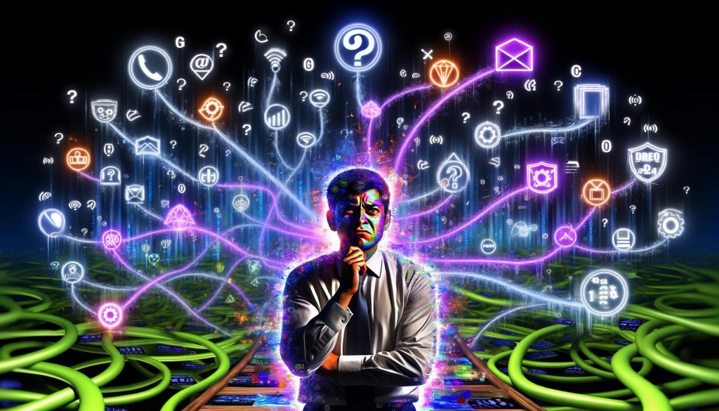 Gestresster Marketer steht im Zentrum eines digitalen Dschungels aus MarTech-Icons, Agenturlogos und verschlungenen Marketingkanälen mit leuchtenden Symbolen und chaotischer Datenvisualisierung.