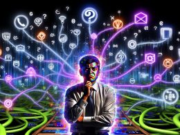 Gestresster Marketer steht im Zentrum eines digitalen Dschungels aus MarTech-Icons, Agenturlogos und verschlungenen Marketingkanälen mit leuchtenden Symbolen und chaotischer Datenvisualisierung.