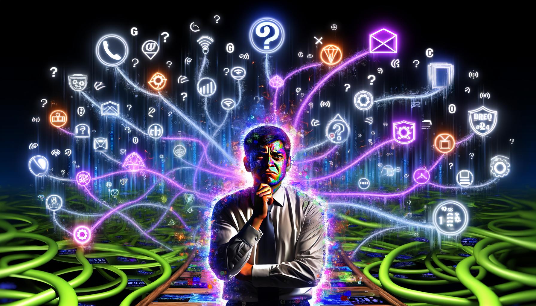 Gestresster Marketer steht im Zentrum eines digitalen Dschungels aus MarTech-Icons, Agenturlogos und verschlungenen Marketingkanälen mit leuchtenden Symbolen und chaotischer Datenvisualisierung.