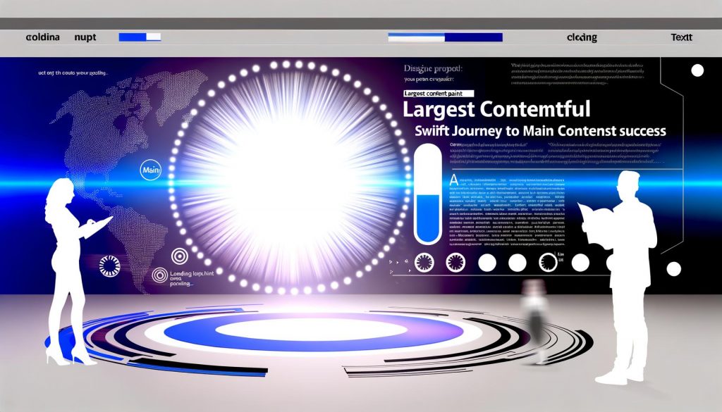 Moderne Titelgrafik zur Largest Contentful Paint Optimierung, mit großer Headline, hervorgehobenem Content-Element, Geschwindigkeitssymbolen und abstrahierten Coding-Elementen in Blau, Gelb und Pink.