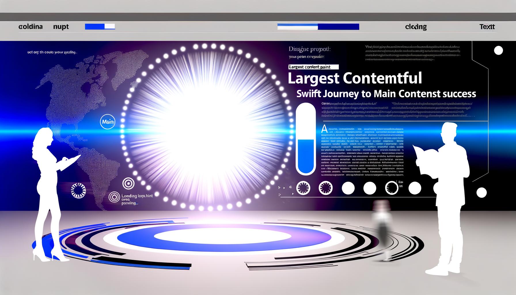 Moderne Titelgrafik zur Largest Contentful Paint Optimierung, mit großer Headline, hervorgehobenem Content-Element, Geschwindigkeitssymbolen und abstrahierten Coding-Elementen in Blau, Gelb und Pink.