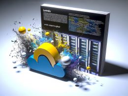 Stilisiert dargestellte Server-Farm verblasst im Hintergrund, im Vordergrund explodierende, abstrakte Code-Fragmente rund um ein großes AWS Lambda-Logo auf dunklem farbintensiven Hintergrund.