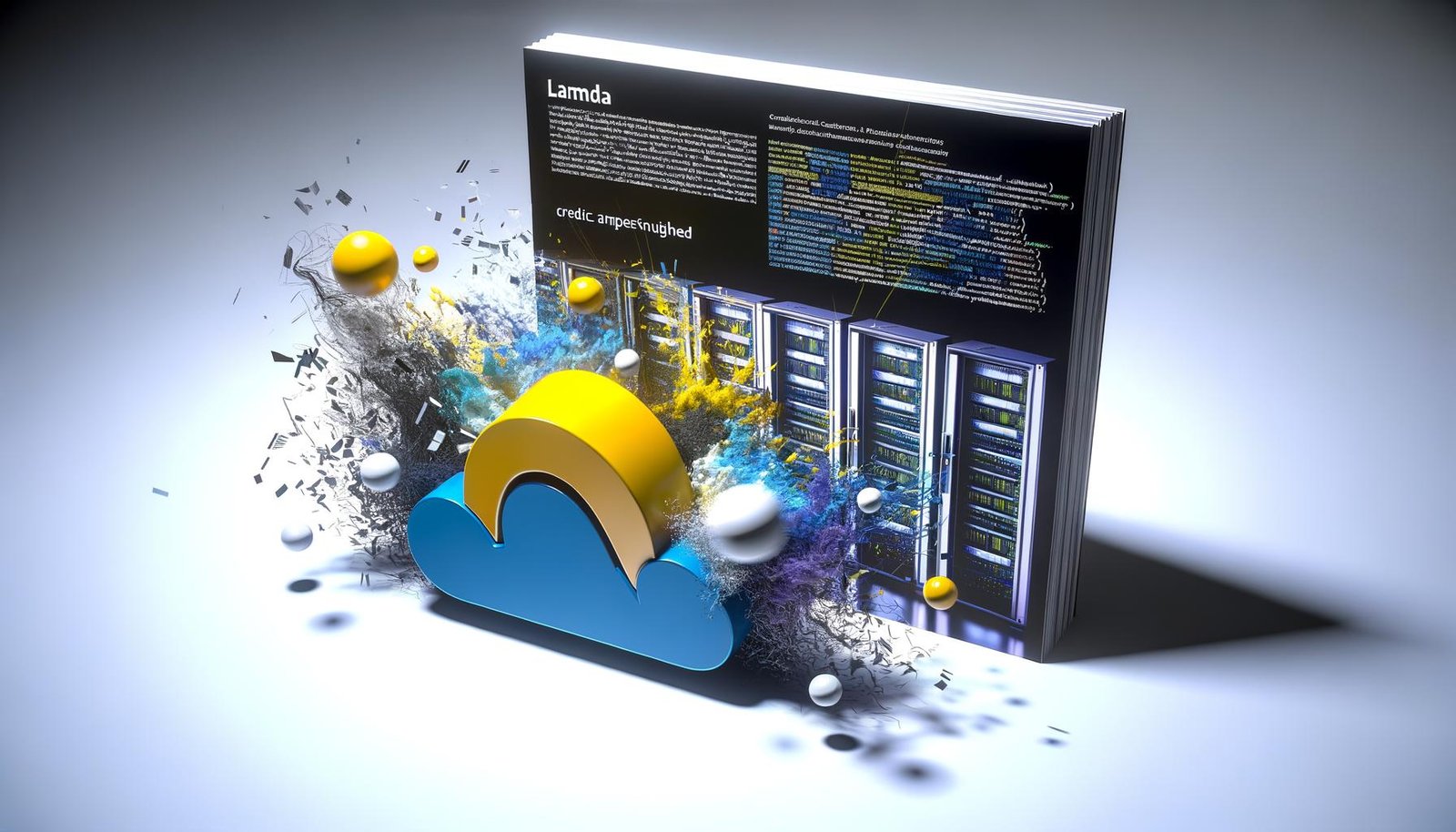 Stilisiert dargestellte Server-Farm verblasst im Hintergrund, im Vordergrund explodierende, abstrakte Code-Fragmente rund um ein großes AWS Lambda-Logo auf dunklem farbintensiven Hintergrund.