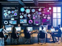 Dynamisches Redaktionsteam in stylischer Loft-Umgebung mit Laptops, Monitoren, CMS-Dashboards und digitalen Kanälen im Hintergrund.