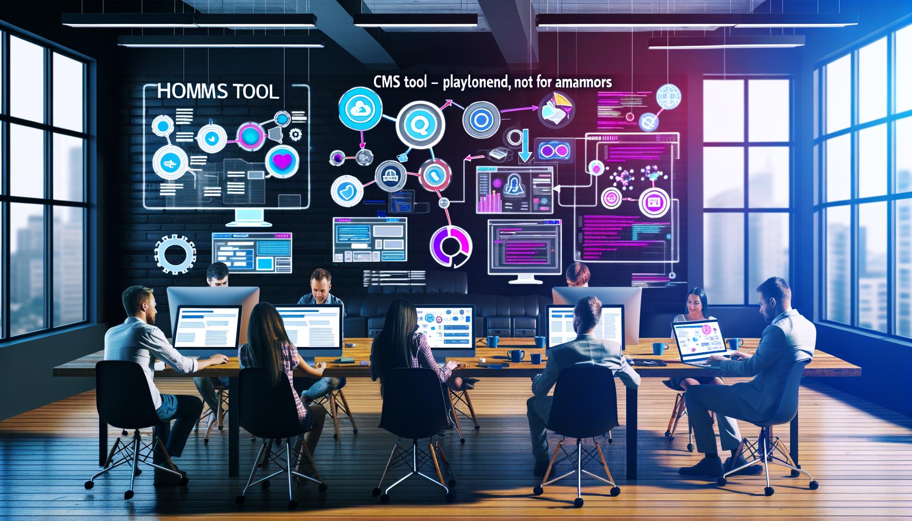 Dynamisches Redaktionsteam in stylischer Loft-Umgebung mit Laptops, Monitoren, CMS-Dashboards und digitalen Kanälen im Hintergrund.