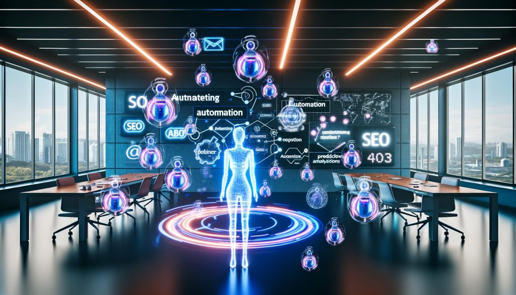 Futuristisches Open-Space-Büro mit Mensch im Zentrum, umgeben von Datenströmen, Diagrammen und digitalen, halbtransparenten KI-Agenten vor Neon-Marketingbegriffen.